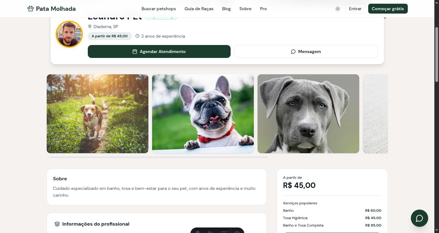Perfil público real de um petshop no Pata Molhada, com foto de capa, badge de disponibilidade e galeria de fotos do trabalho