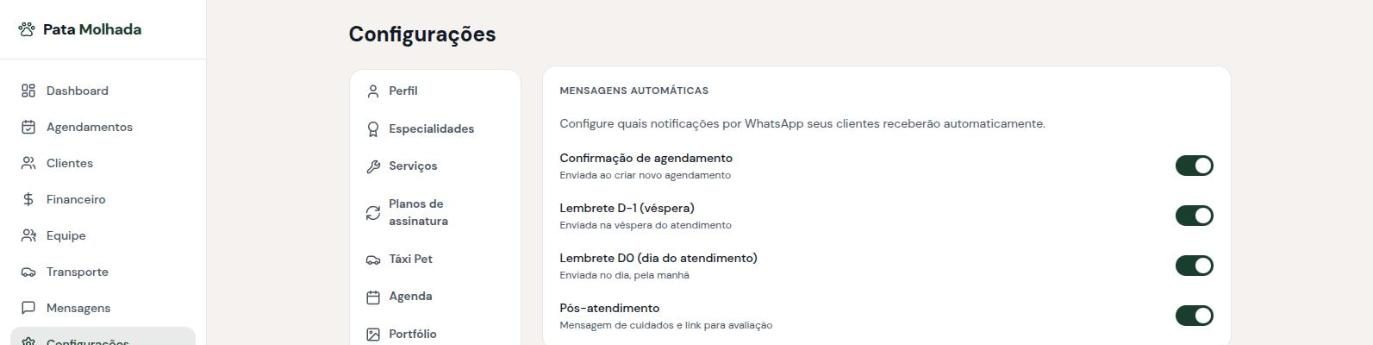 Tela de automações de WhatsApp do Pata Molhada Pro com os quatro lembretes ativados